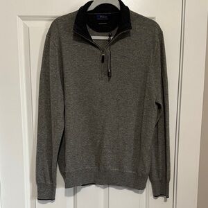 NWT! Polo by Ralph Lauren Quarter Zip-Up Sweater, washable cashmere in gray.